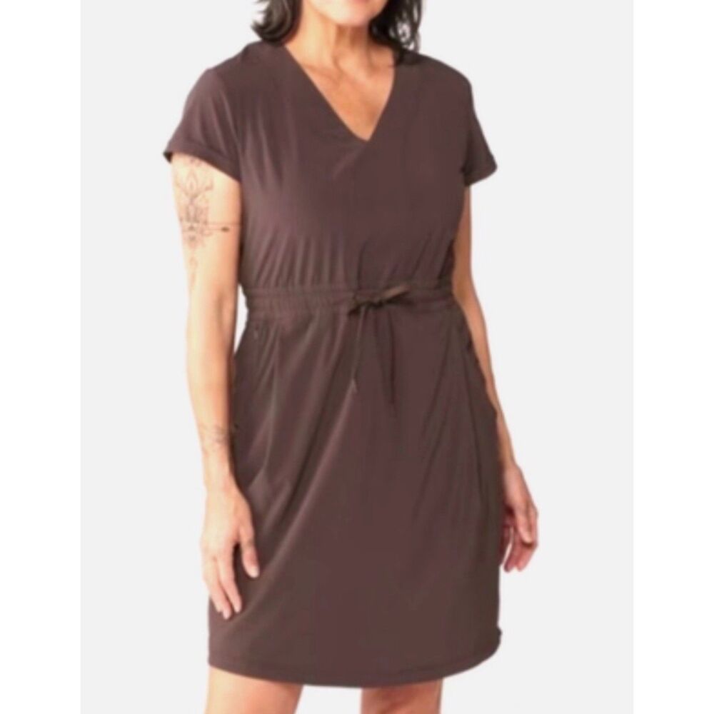REI Co-op Women’s Brown Travel Dress Medium V-Neck Drawstring Zip Pockets